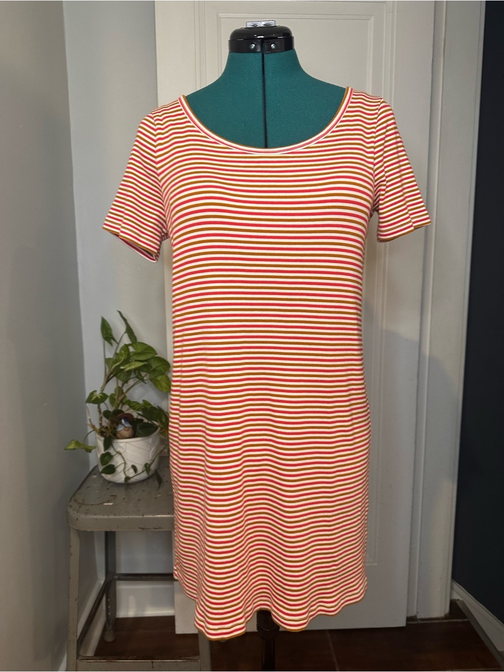 Madewell Perfect T-shirt Swing Dress Red & White Striped Ribbed Short-Sleeve